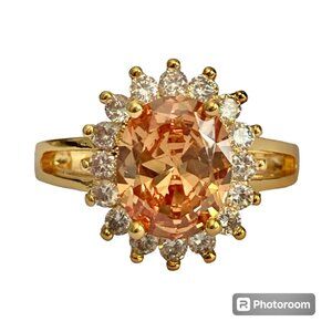 Peach Cubic Zirconia Halo Cocktail Ring Yellow Gold Plated Size 7 8 9 Faux Topaz